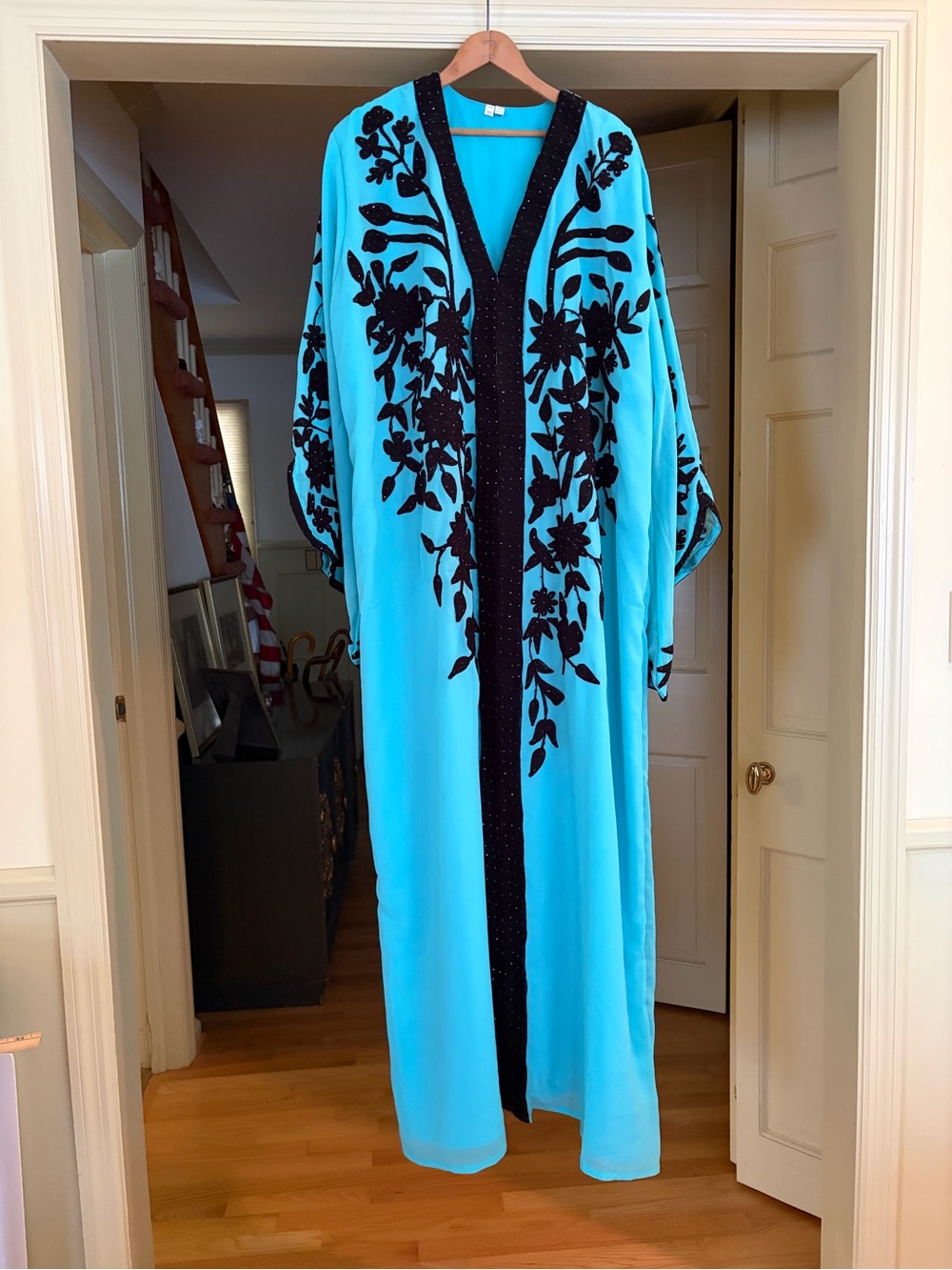 Turquoise Long Embroidered Kaftan Maxi with Black Trim